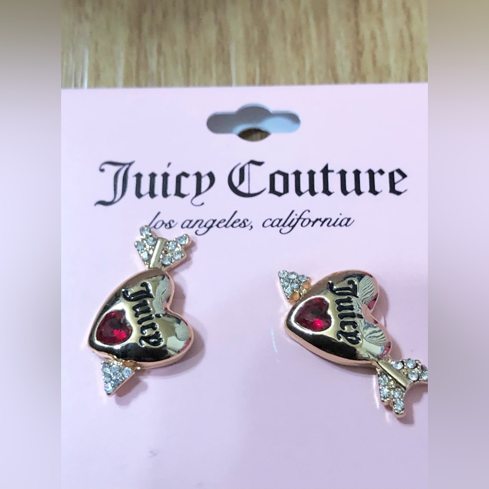 Juicy couture monogram ruby & diamond gemstone cupid heart gold plated‎ earrings